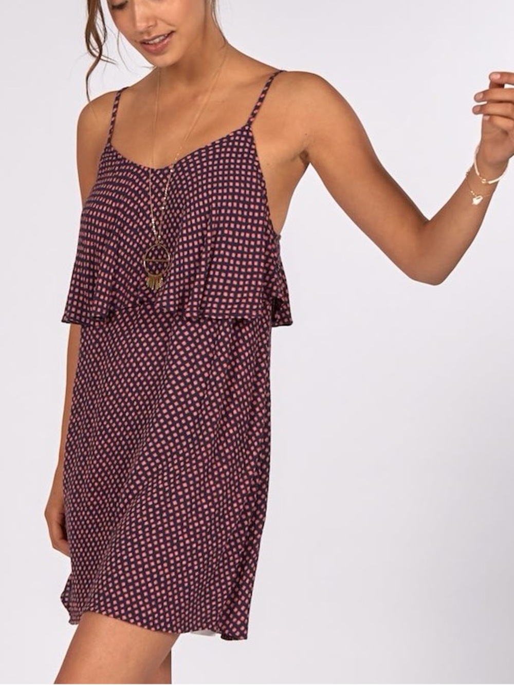Billabong Done Down Pink and Navy Printed Spaghetti-Strap Mini Dress